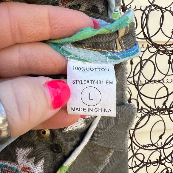 Miss Me Aztec Southwestern Stud Olive Canvas Military Jacket Ruffles LARGE - Picture 7 of 12